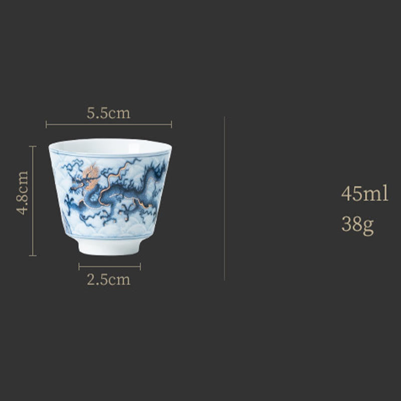 Petite tasse à thé en céramique à motif de dragon bleu et blanc Buddha Stones Tasses à thé Kung Fu 45 ml