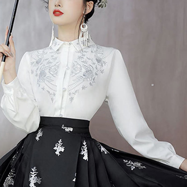 Chemise à manches longues avec Buddha Stones, fleurs, feuilles, plumes, Hanfu chinois, dynastie Ming, jupe à tête de cheval, jupe Mamianqun