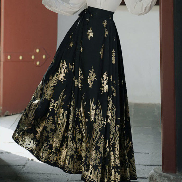Chemise à manches longues avec Buddha Stones, fleurs, feuilles, plumes, Hanfu chinois, dynastie Ming, jupe à tête de cheval, jupe Mamianqun