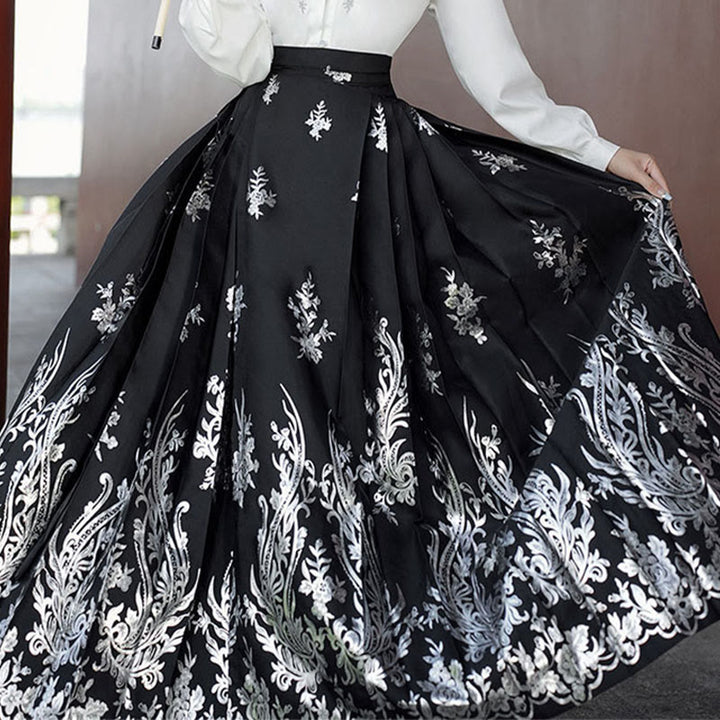 Chemise à manches longues avec Buddha Stones, fleurs, feuilles, plumes, Hanfu chinois, dynastie Ming, jupe à tête de cheval, jupe Mamianqun