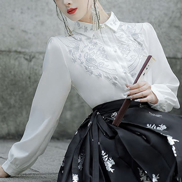 Chemise à manches longues avec Buddha Stones, fleurs, feuilles, plumes, Hanfu chinois, dynastie Ming, jupe à tête de cheval, jupe Mamianqun