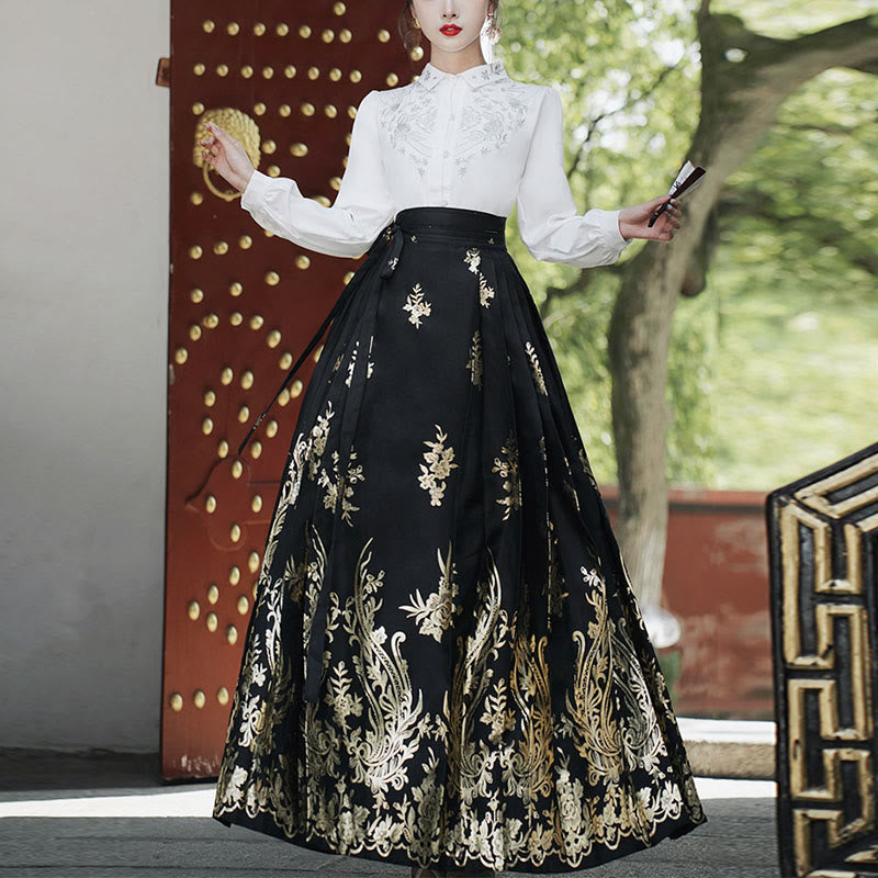 Chemise à manches longues avec Buddha Stones, fleurs, feuilles, plumes, Hanfu chinois, dynastie Ming, jupe à tête de cheval, jupe Mamianqun