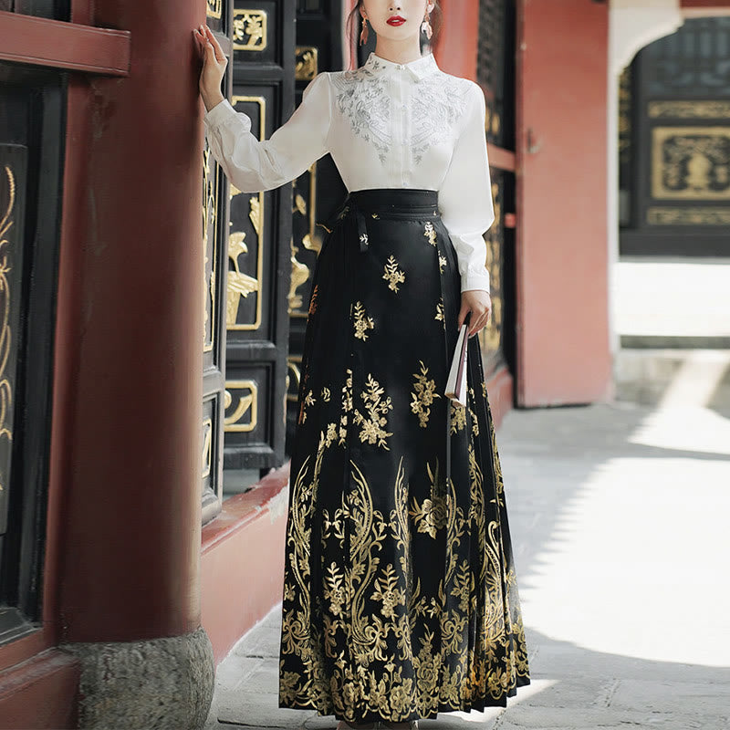 Chemise à manches longues avec Buddha Stones, fleurs, feuilles, plumes, Hanfu chinois, dynastie Ming, jupe à tête de cheval, jupe Mamianqun