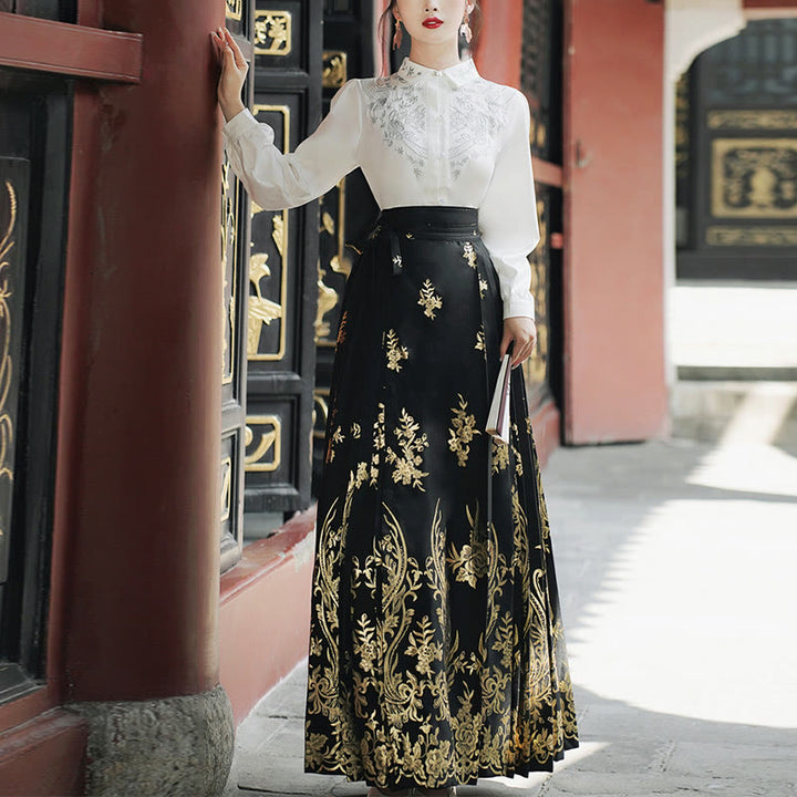 Chemise à manches longues avec Buddha Stones, fleurs, feuilles, plumes, Hanfu chinois, dynastie Ming, jupe à tête de cheval, jupe Mamianqun