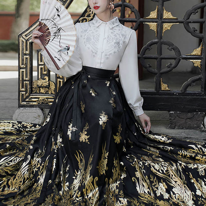 Chemise à manches longues avec Buddha Stones, fleurs, feuilles, plumes, Hanfu chinois, dynastie Ming, jupe à tête de cheval, jupe Mamianqun