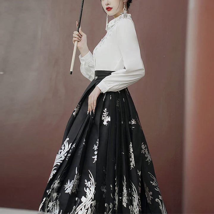 Chemise à manches longues avec Buddha Stones, fleurs, feuilles, plumes, Hanfu chinois, dynastie Ming, jupe à tête de cheval, jupe Mamianqun