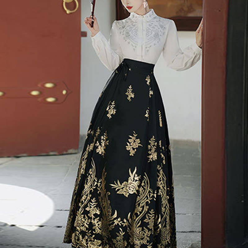 Chemise à manches longues avec Buddha Stones, fleurs, feuilles, plumes, Hanfu chinois, dynastie Ming, jupe à tête de cheval, jupe Mamianqun