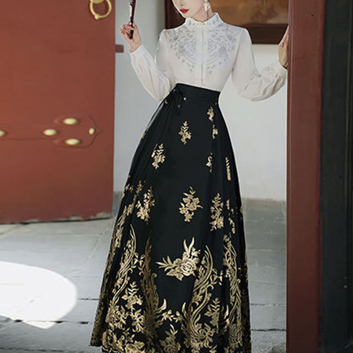 Chemise à manches longues avec Buddha Stones, fleurs, feuilles, plumes, Hanfu chinois, dynastie Ming, jupe à tête de cheval, jupe Mamianqun