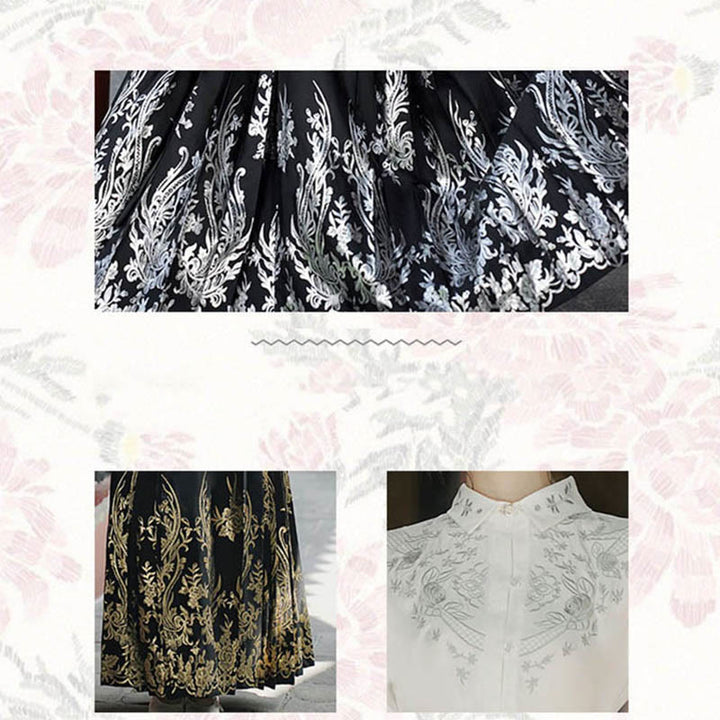 Chemise à manches longues avec Buddha Stones, fleurs, feuilles, plumes, Hanfu chinois, dynastie Ming, jupe à tête de cheval, jupe Mamianqun