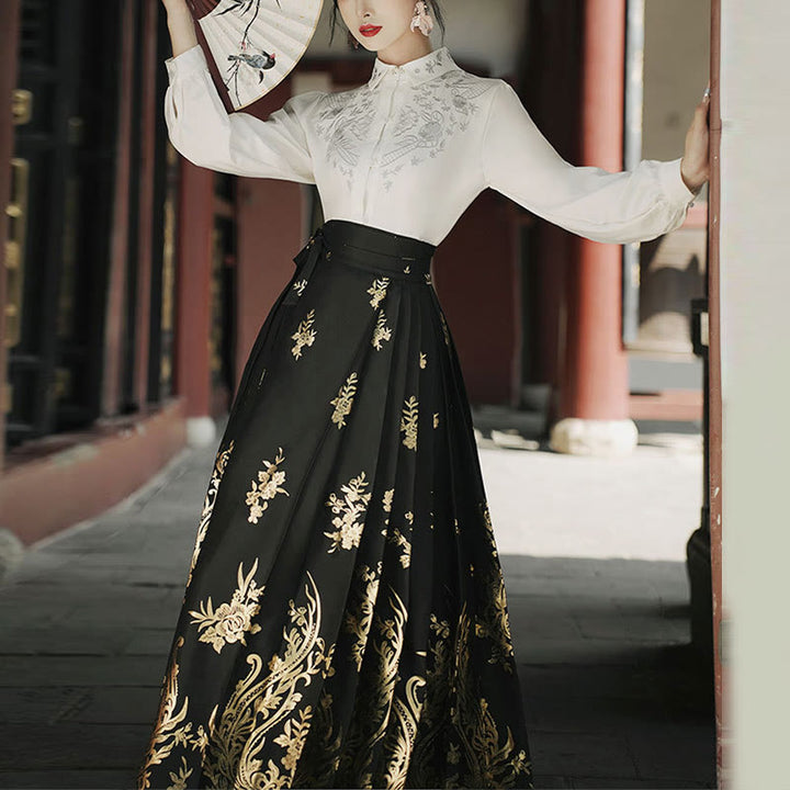 Chemise à manches longues avec Buddha Stones, fleurs, feuilles, plumes, Hanfu chinois, dynastie Ming, jupe à tête de cheval, jupe Mamianqun