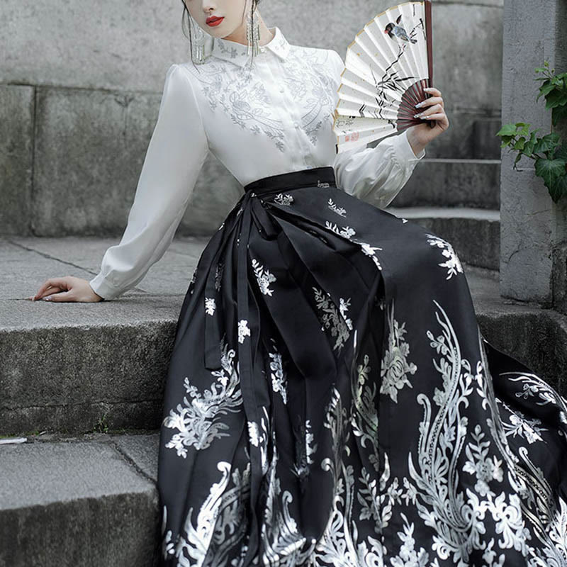 Chemise à manches longues avec Buddha Stones, fleurs, feuilles, plumes, Hanfu chinois, dynastie Ming, jupe à tête de cheval, jupe Mamianqun