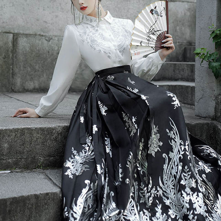 Chemise à manches longues avec Buddha Stones, fleurs, feuilles, plumes, Hanfu chinois, dynastie Ming, jupe à tête de cheval, jupe Mamianqun