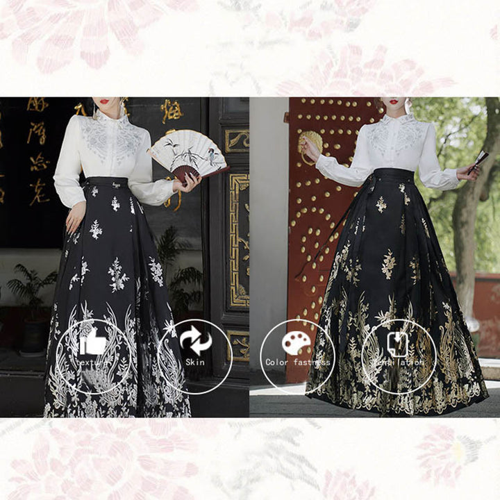 Chemise à manches longues avec Buddha Stones, fleurs, feuilles, plumes, Hanfu chinois, dynastie Ming, jupe à tête de cheval, jupe Mamianqun