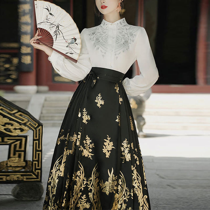 Chemise à manches longues avec Buddha Stones, fleurs, feuilles, plumes, Hanfu chinois, dynastie Ming, jupe à tête de cheval, jupe Mamianqun