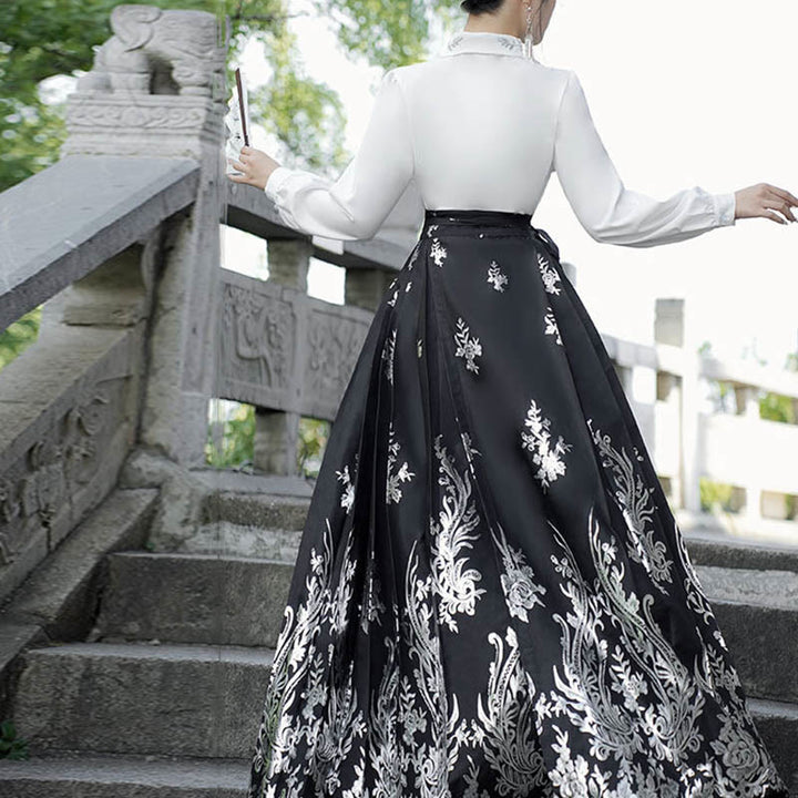 Chemise à manches longues avec Buddha Stones, fleurs, feuilles, plumes, Hanfu chinois, dynastie Ming, jupe à tête de cheval, jupe Mamianqun