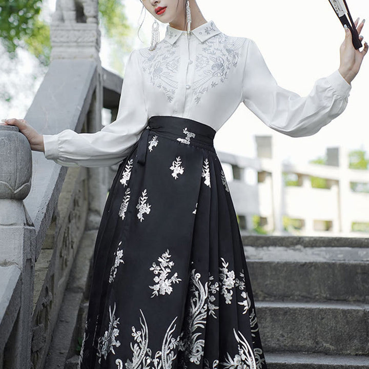 Chemise à manches longues avec Buddha Stones, fleurs, feuilles, plumes, Hanfu chinois, dynastie Ming, jupe à tête de cheval, jupe Mamianqun