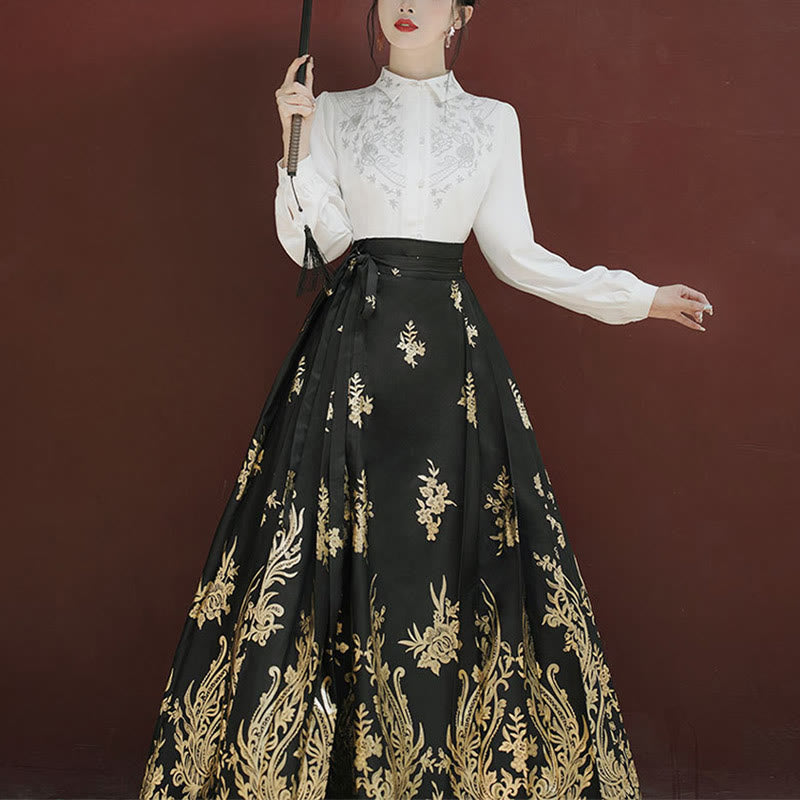 Chemise à manches longues avec Buddha Stones, fleurs, feuilles, plumes, Hanfu chinois, dynastie Ming, jupe à tête de cheval, jupe Mamianqun