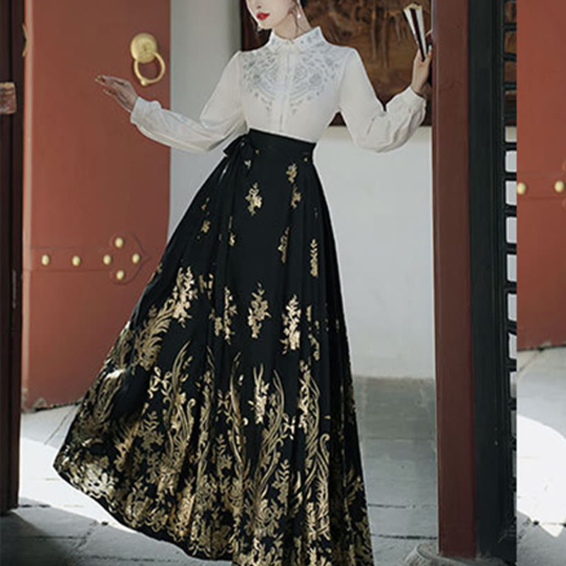 Chemise à manches longues avec Buddha Stones, fleurs, feuilles, plumes, Hanfu chinois, dynastie Ming, jupe à tête de cheval, jupe Mamianqun
