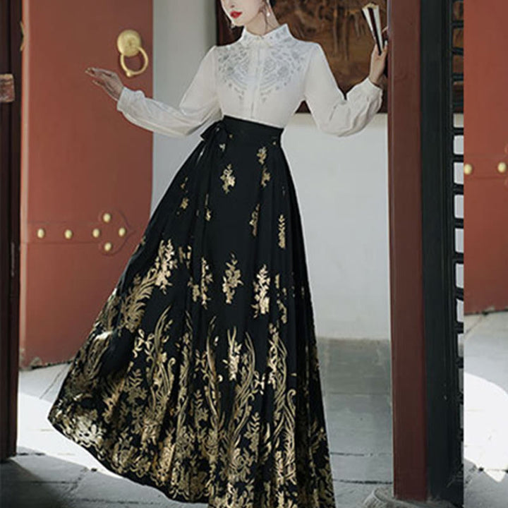 Chemise à manches longues avec Buddha Stones, fleurs, feuilles, plumes, Hanfu chinois, dynastie Ming, jupe à tête de cheval, jupe Mamianqun