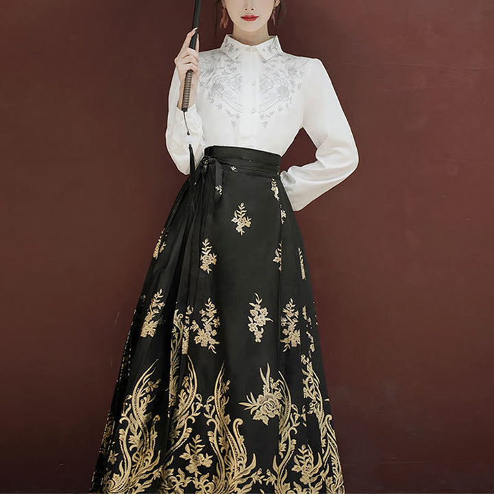 Chemise à manches longues avec Buddha Stones, fleurs, feuilles, plumes, Hanfu chinois, dynastie Ming, jupe à tête de cheval, jupe Mamianqun
