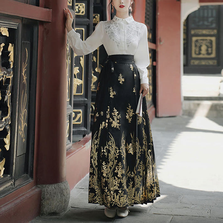Chemise à manches longues avec Buddha Stones, fleurs, feuilles, plumes, Hanfu chinois, dynastie Ming, jupe à tête de cheval, jupe Mamianqun