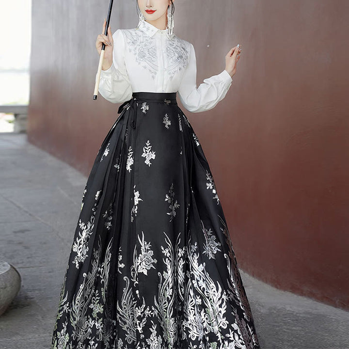 Chemise à manches longues avec Buddha Stones, fleurs, feuilles, plumes, Hanfu chinois, dynastie Ming, jupe à tête de cheval, jupe Mamianqun