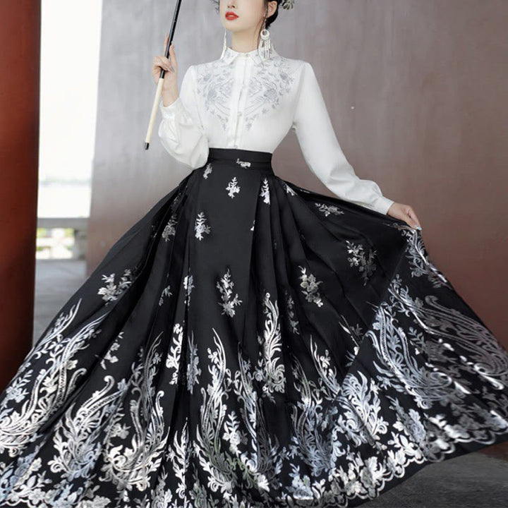 Chemise à manches longues avec Buddha Stones, fleurs, feuilles, plumes, Hanfu chinois, dynastie Ming, jupe à tête de cheval, jupe Mamianqun