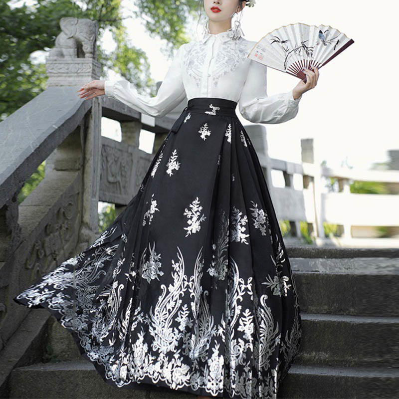 Chemise à manches longues avec Buddha Stones, fleurs, feuilles, plumes, Hanfu chinois, dynastie Ming, jupe à tête de cheval, jupe Mamianqun