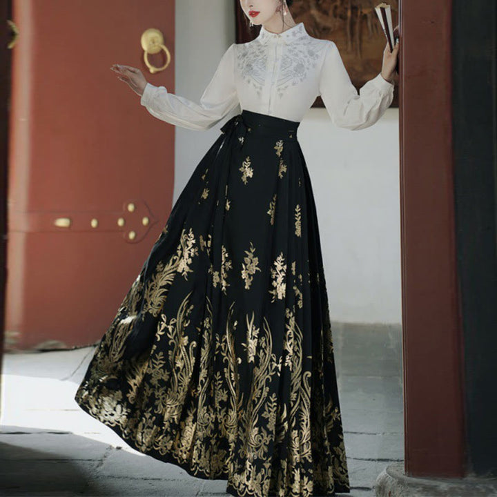 Chemise à manches longues avec Buddha Stones, fleurs, feuilles, plumes, Hanfu chinois, dynastie Ming, jupe à tête de cheval, jupe Mamianqun