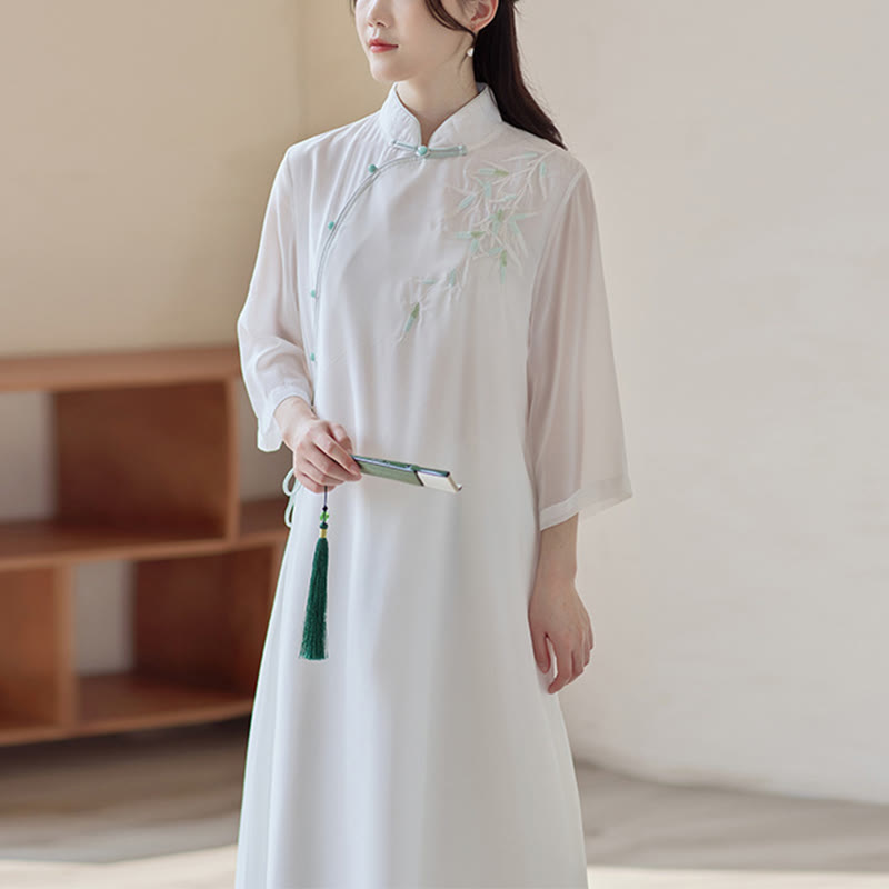 Robe Cheongsam en bambou Buddha Stones, robe mi-longue, pantalon large, vêtements de pratique spirituelle zen pour la méditation - Robes Cheongsam (robe uniquement) - US8-10，UK/AU12-14，EU40-42 (2XL) - image 11