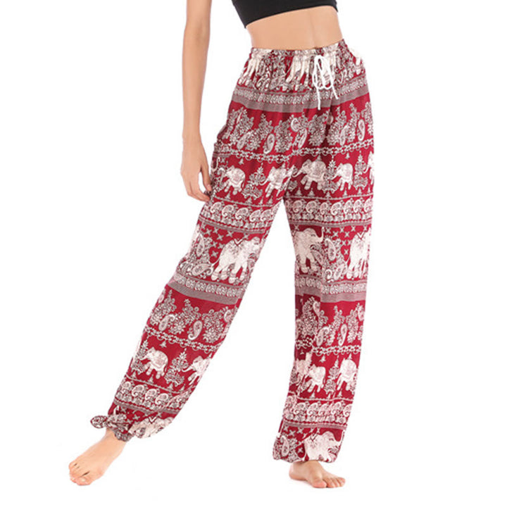 Pantalon de yoga ample à motif d'éléphant avec Buddha Stones et pantalon sarouel pour femme - Rouge-US2-8/10，UK/AU6-12/14，EU34-40/42 (F) - image 0
