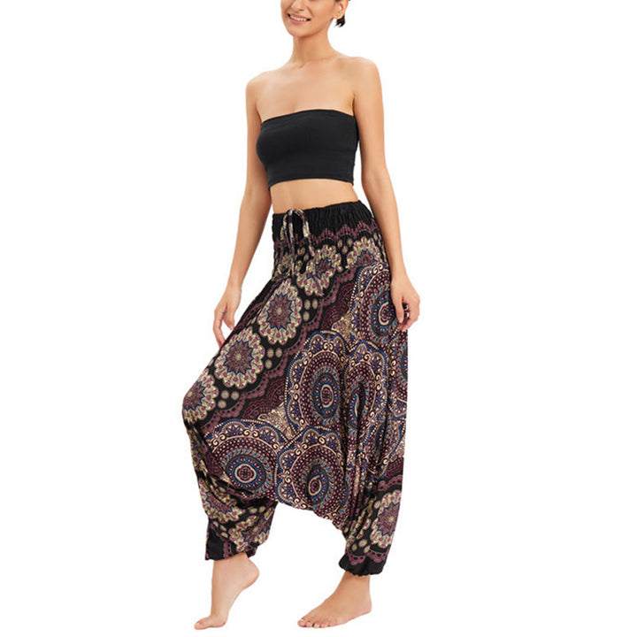 Pantalon sarouel ample à smocks avec motif de fleurs mandala et deux styles de Buddha Stones - Or brun - US2-12, UK/AU6-16, EU34-44 (F) - image 6