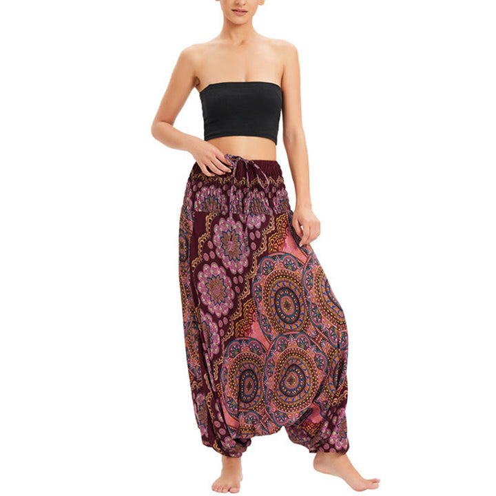 Pantalon sarouel ample à smocks avec motif de fleurs mandala et deux styles de Buddha Stones - Bourgogne - US2-12, UK/AU6-16, EU34-44 (F) - image 13