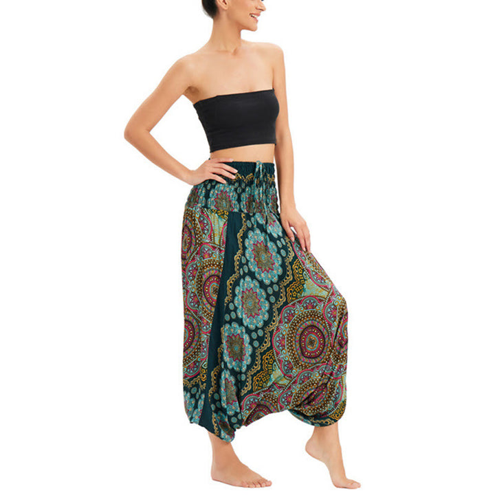Pantalon sarouel ample à smocks avec motif de fleurs mandala et deux styles de Buddha Stones - image 1