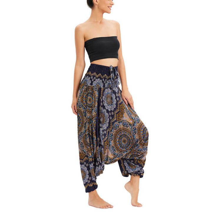 Pantalon sarouel ample à smocks avec motif de fleurs mandala et deux styles de Buddha Stones - Bleu foncé - US2-12，UK/AU6-16，EU34-44 (F) - image 19