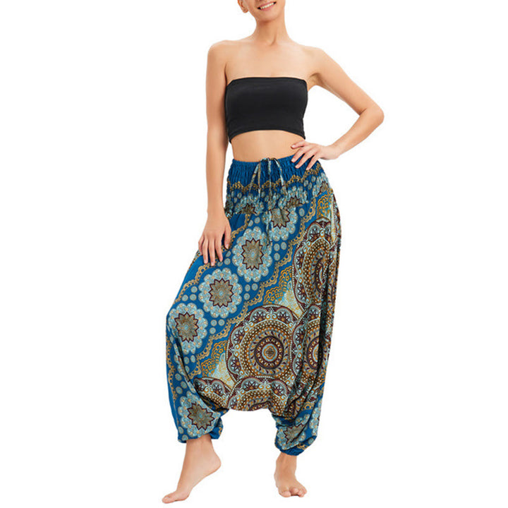 Pantalon sarouel ample à smocks avec motif de fleurs mandala et deux styles de Buddha Stones - Bleu ciel - US2-12，UK/AU6-16，EU34-44 (F) - image 27