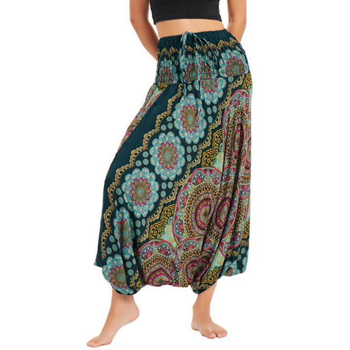 Pantalon sarouel ample à smocks avec motif de fleurs mandala et deux styles de Buddha Stones - Vert - US2-12，UK/AU6-16，EU34-44 (F) - image 0