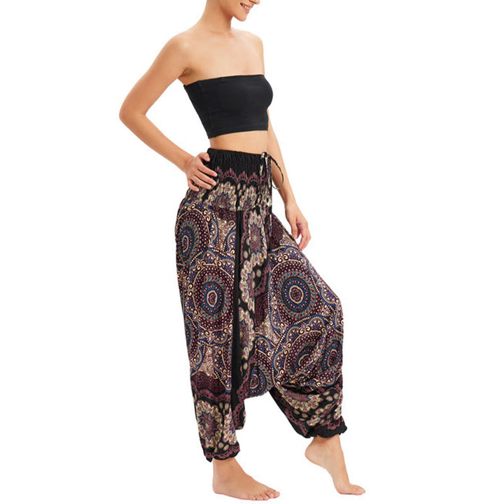 Pantalon sarouel ample à smocks avec motif de fleurs mandala et deux styles de Buddha Stones - image 8