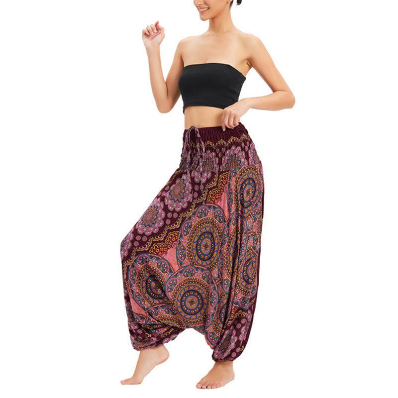Pantalon sarouel ample à smocks avec motif de fleurs mandala et deux styles de Buddha Stones - image 14