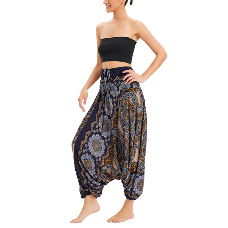 Pantalon sarouel ample à smocks avec motif de fleurs mandala et deux styles de Buddha Stones - image 22