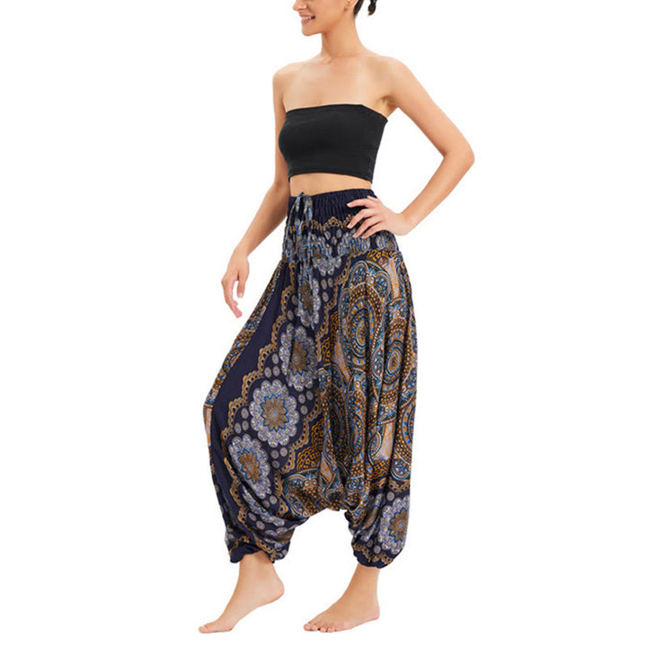 Pantalon sarouel ample à smocks avec motif de fleurs mandala et deux styles de Buddha Stones - image 22