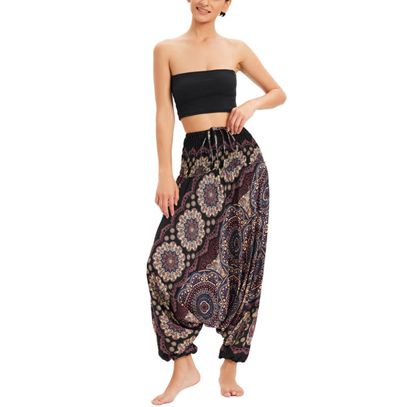 Pantalon sarouel ample à smocks avec motif de fleurs mandala et deux styles de Buddha Stones - image 7