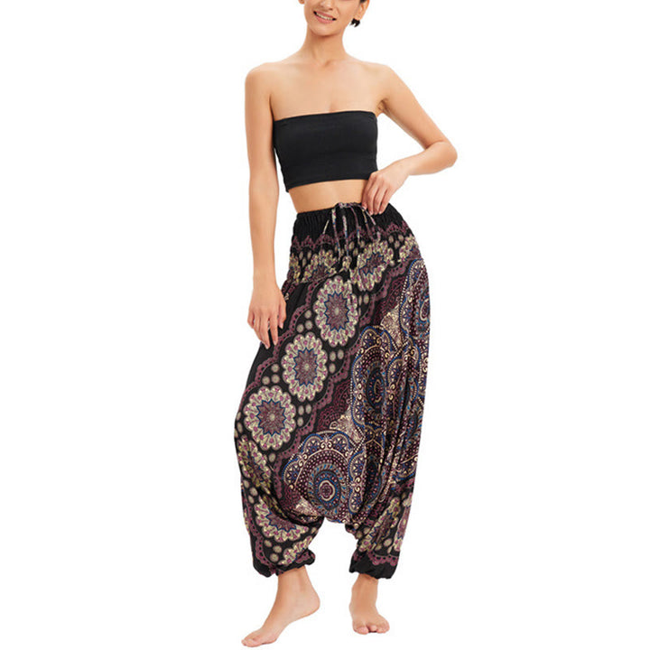 Pantalon sarouel ample à smocks avec motif de fleurs mandala et deux styles de Buddha Stones - image 7
