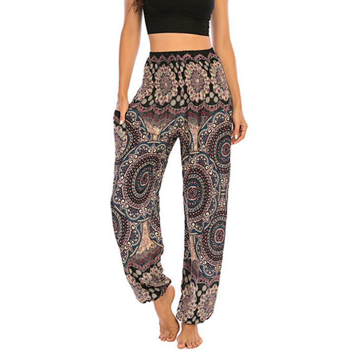 Pantalon de yoga ample à motif géométrique rond avec Buddha Stones Boho pour femme - Noir Beige - US2-8/10, UK/AU6-12/14, EU34-40/42 (F) - image 0