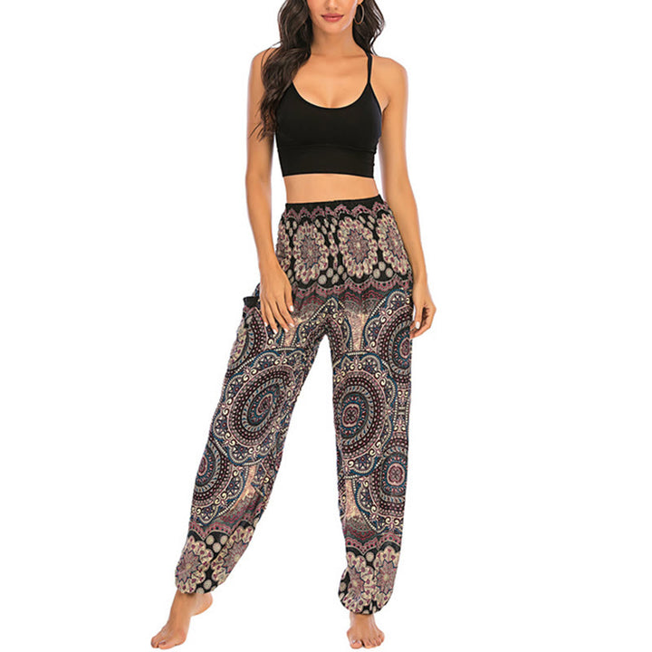 Pantalon de yoga ample à motif géométrique rond avec Buddha Stones Boho pour femme - image 1