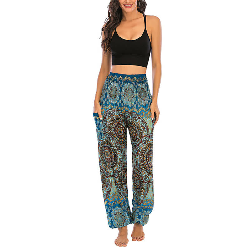 Pantalon de yoga ample à motif géométrique rond avec Buddha Stones Boho pour femme - image 36