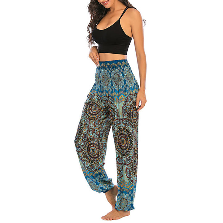 Pantalon de yoga ample à motif géométrique rond avec Buddha Stones Boho pour femme - Bleu ciel vert - US2-8/10, UK/AU6-12/14, EU34-40/42 (F) - image 31