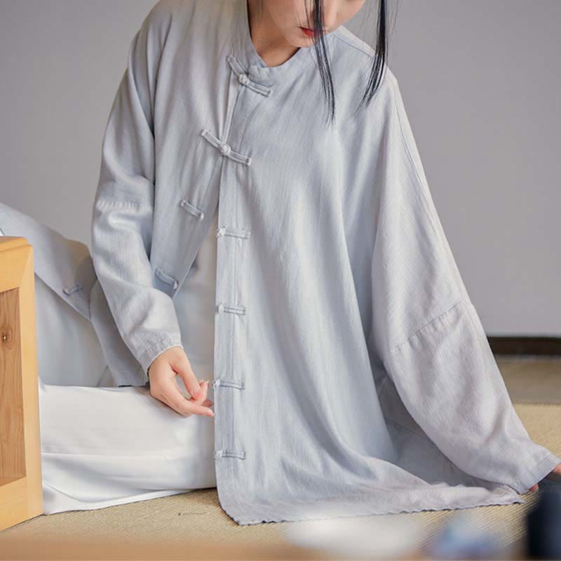 Chemise à boutons de grenouille unie avec Buddha Stones Haut de méditation Zen Tai Chi Vêtements Veste en coton et lin - Gris (Tour de poitrine 150 cm) (Haut uniquement) - image 0