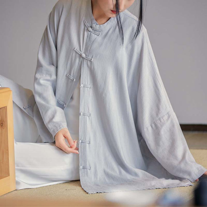 Chemise à boutons de grenouille unie avec Buddha Stones Haut de méditation Zen Tai Chi Vêtements Veste en coton et lin - Gris (Tour de poitrine 150 cm) (Haut uniquement) - image 0