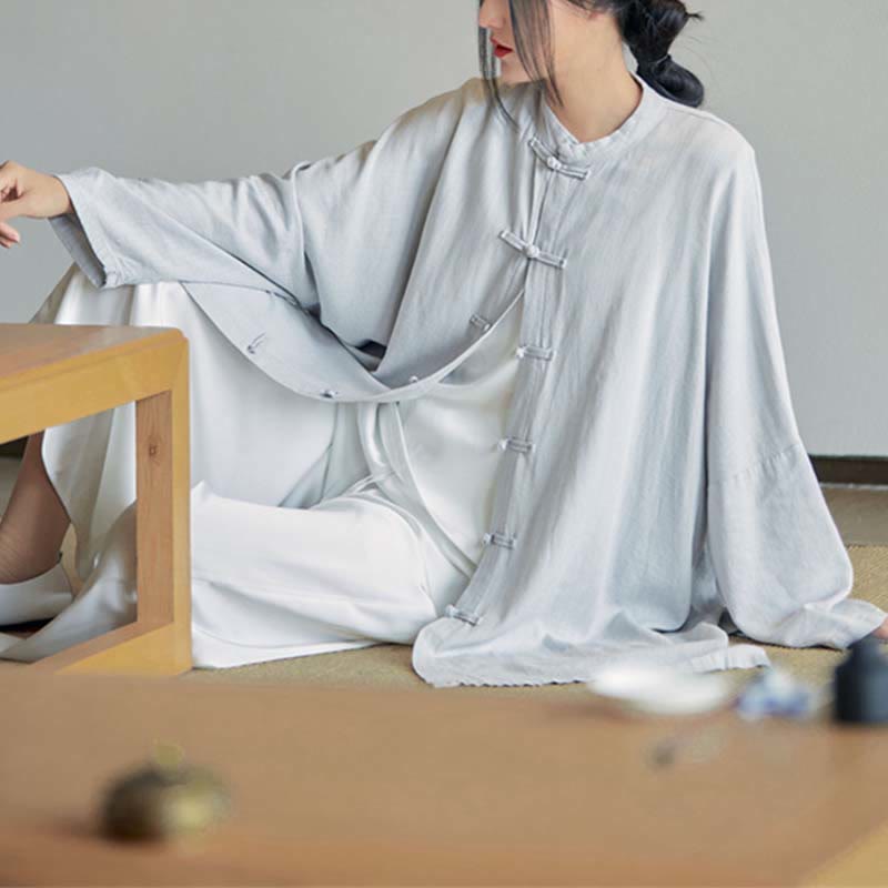 Chemise à boutons de grenouille unie avec Buddha Stones Haut de méditation Zen Tai Chi Vêtements Veste en coton et lin - image 1